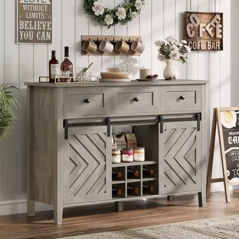 53.5'' Buffet Cabinet with Storage, 36'' Tall Wood Rustic Sideboard with 3 Drawer, Reversible Wine Rack and Adjustable Shelf