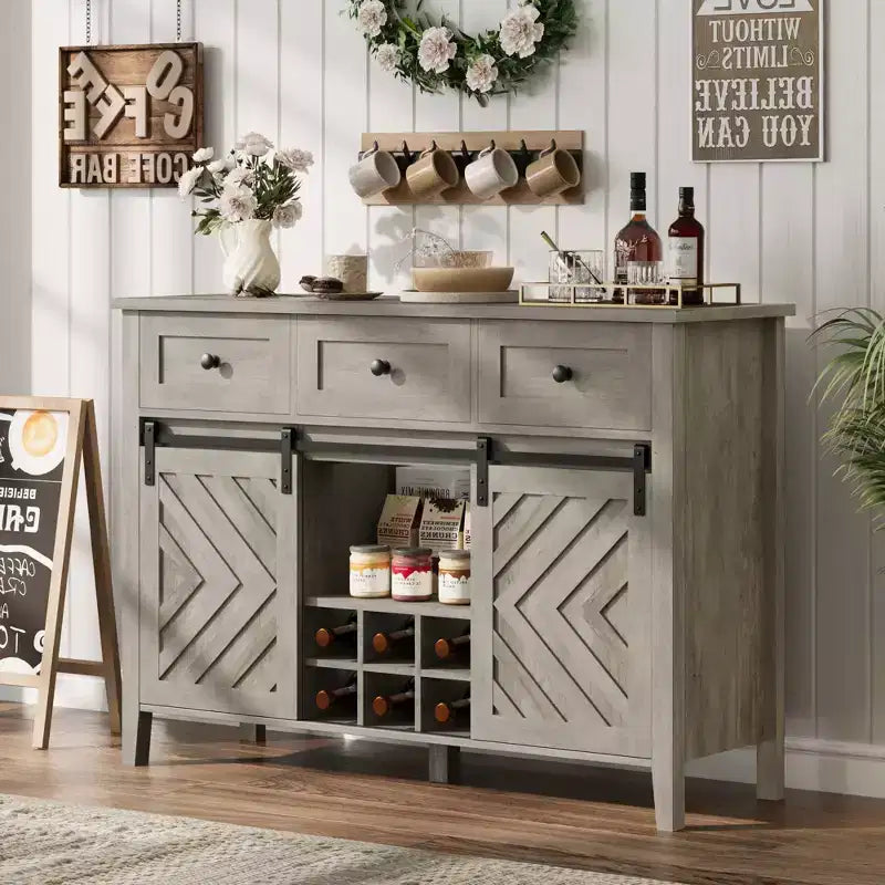 53.5'' Buffet Cabinet with Storage, 36'' Tall Wood Rustic Sideboard with 3 Drawer, Reversible Wine Rack and Adjustable Shelf