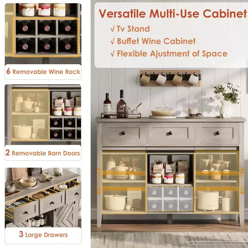 53.5'' Buffet Cabinet with Storage, 36'' Tall Wood Rustic Sideboard with 3 Drawer, Reversible Wine Rack and Adjustable Shelf