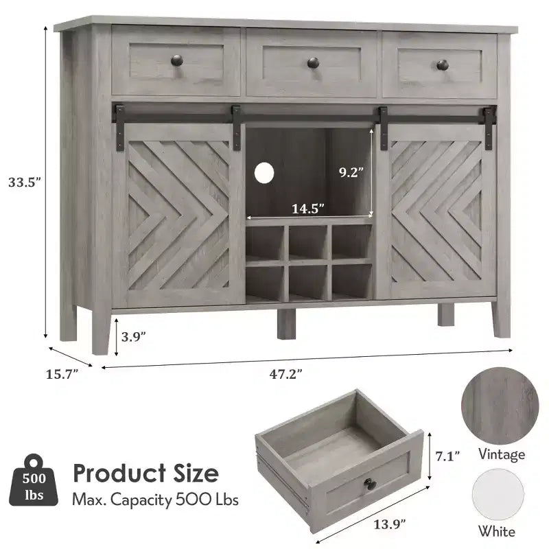 53.5'' Buffet Cabinet with Storage, 36'' Tall Wood Rustic Sideboard with 3 Drawer, Reversible Wine Rack and Adjustable Shelf
