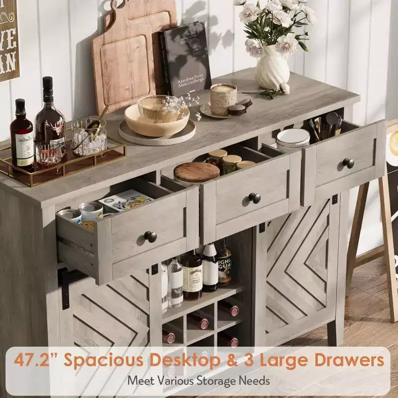 53.5'' Buffet Cabinet with Storage, 36'' Tall Wood Rustic Sideboard with 3 Drawer, Reversible Wine Rack and Adjustable Shelf