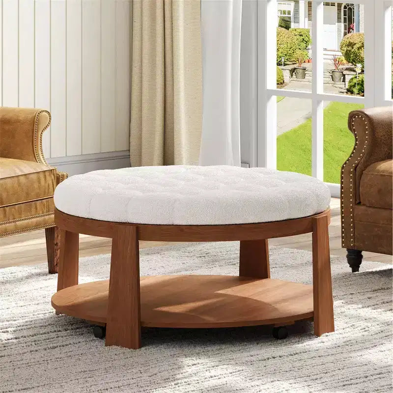 Round 2-Tier Lift-Top CoffeeTable with Storage & 3 Ottoman, Mid Century Center Tables for Living Room Small Space