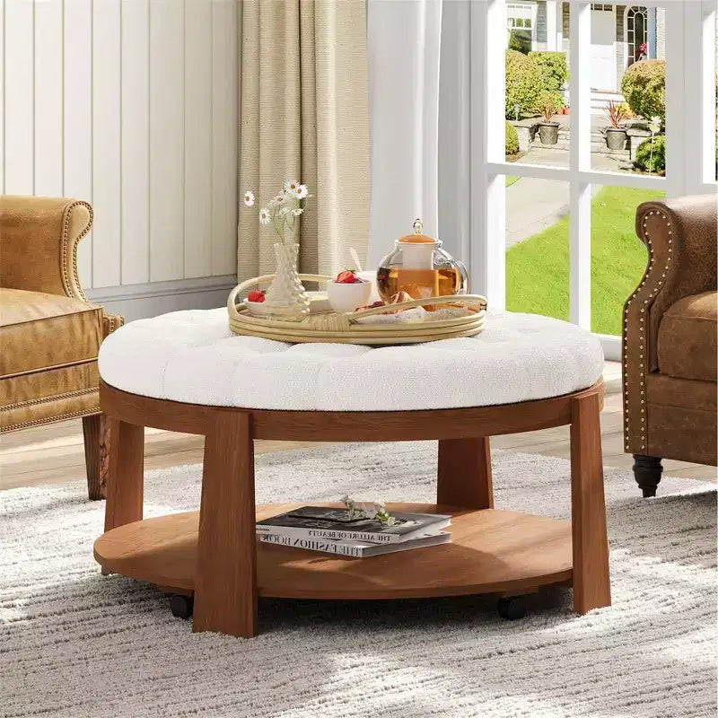 Round 2-Tier Lift-Top CoffeeTable with Storage & 3 Ottoman, Mid Century Center Tables for Living Room Small Space