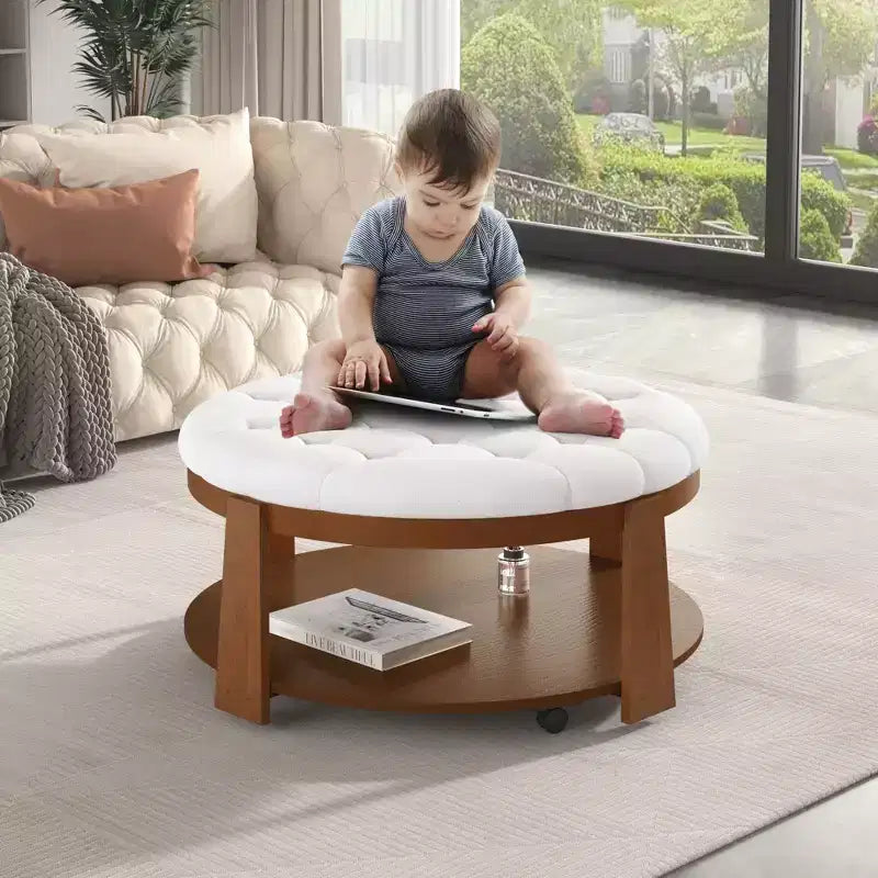 Round 2-Tier Lift-Top CoffeeTable with Storage & 3 Ottoman, Mid Century Center Tables for Living Room Small Space