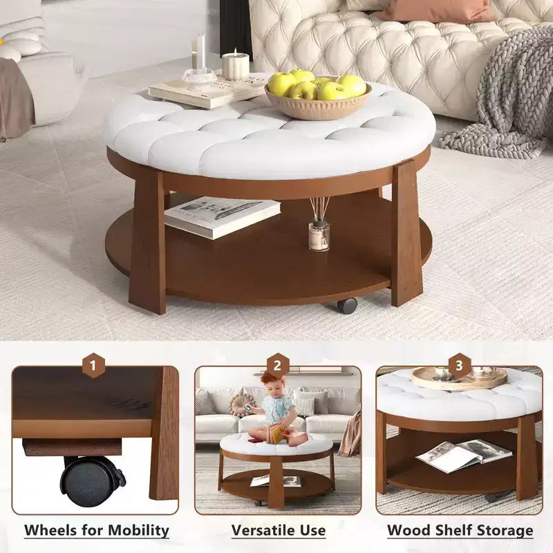 Round 2-Tier Lift-Top CoffeeTable with Storage & 3 Ottoman, Mid Century Center Tables for Living Room Small Space