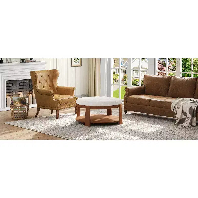 Round 2-Tier Lift-Top CoffeeTable with Storage & 3 Ottoman, Mid Century Center Tables for Living Room Small Space