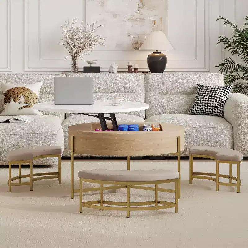 Round 2-Tier Lift-Top CoffeeTable with Storage & 3 Ottoman, Mid Century Center Tables for Living Room Small Space