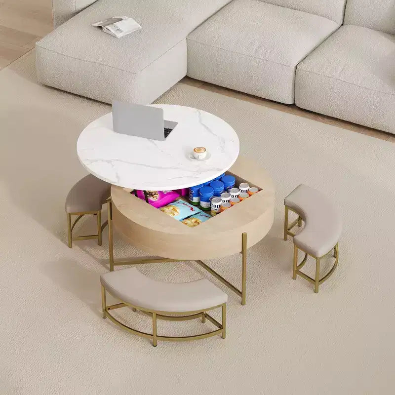 Round 2-Tier Lift-Top CoffeeTable with Storage & 3 Ottoman, Mid Century Center Tables for Living Room Small Space