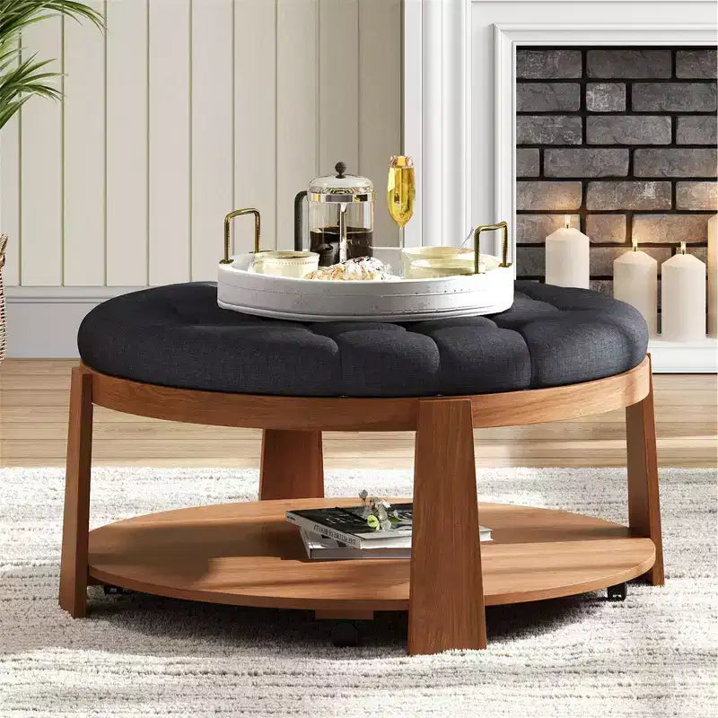 Round 2-Tier Lift-Top CoffeeTable with Storage & 3 Ottoman, Mid Century Center Tables for Living Room Small Space