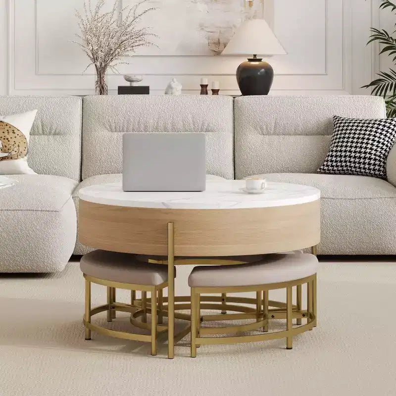 Round 2-Tier Lift-Top CoffeeTable with Storage & 3 Ottoman, Mid Century Center Tables for Living Room Small Space