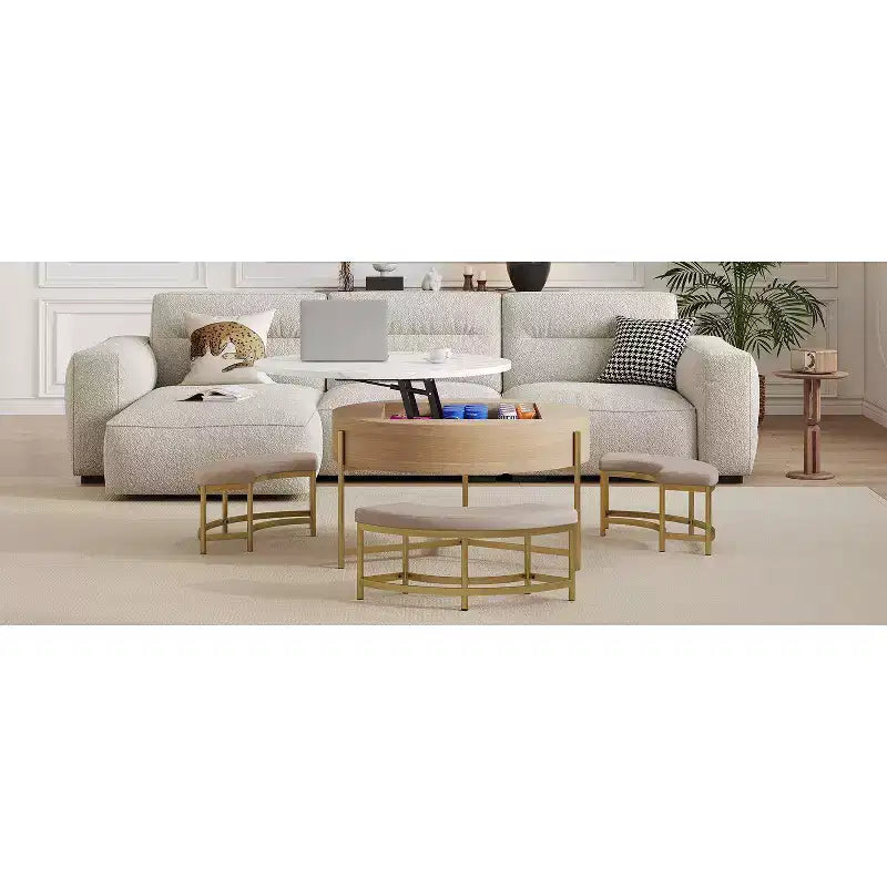Round 2-Tier Lift-Top CoffeeTable with Storage & 3 Ottoman, Mid Century Center Tables for Living Room Small Space