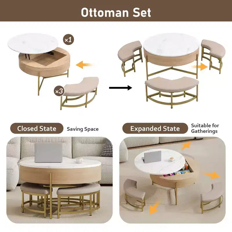 Round 2-Tier Lift-Top CoffeeTable with Storage & 3 Ottoman, Mid Century Center Tables for Living Room Small Space