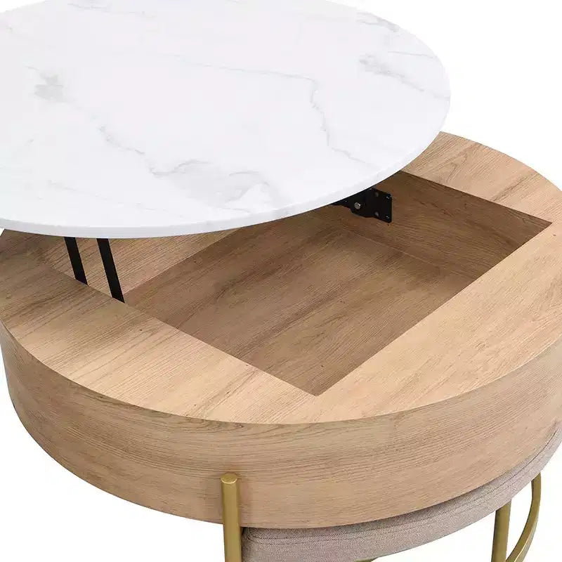 Round 2-Tier Lift-Top CoffeeTable with Storage & 3 Ottoman, Mid Century Center Tables for Living Room Small Space