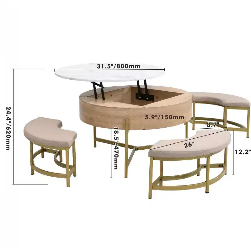 Round 2-Tier Lift-Top CoffeeTable with Storage & 3 Ottoman, Mid Century Center Tables for Living Room Small Space