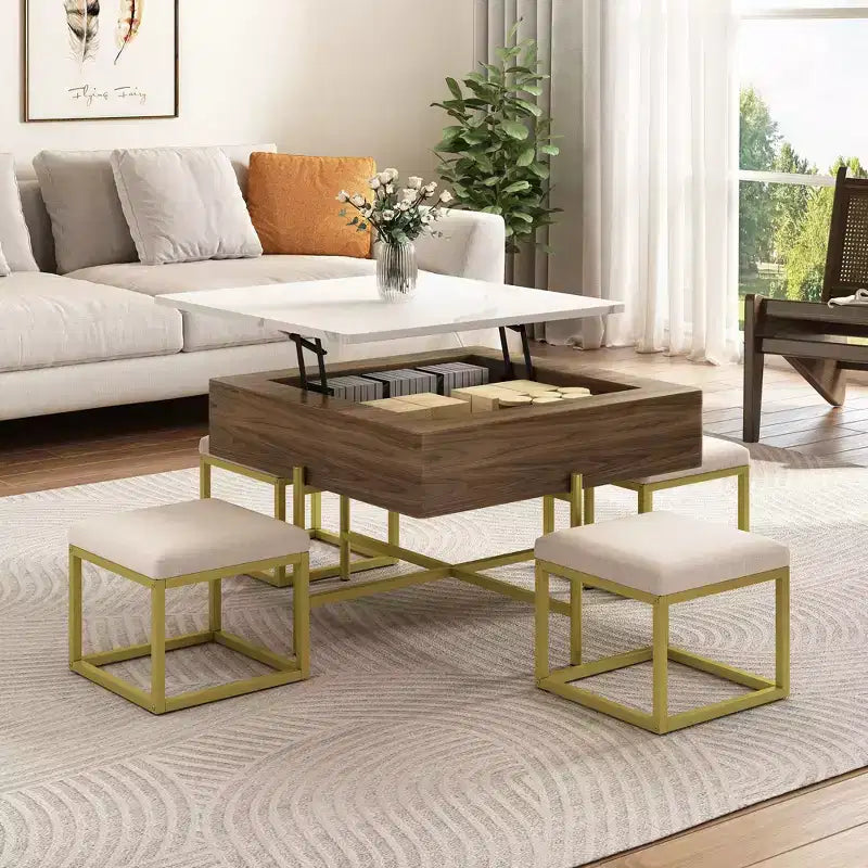 Round 2-Tier Lift-Top CoffeeTable with Storage & 3 Ottoman, Mid Century Center Tables for Living Room Small Space