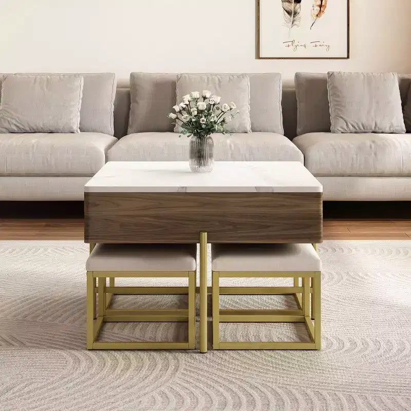 Round 2-Tier Lift-Top CoffeeTable with Storage & 3 Ottoman, Mid Century Center Tables for Living Room Small Space