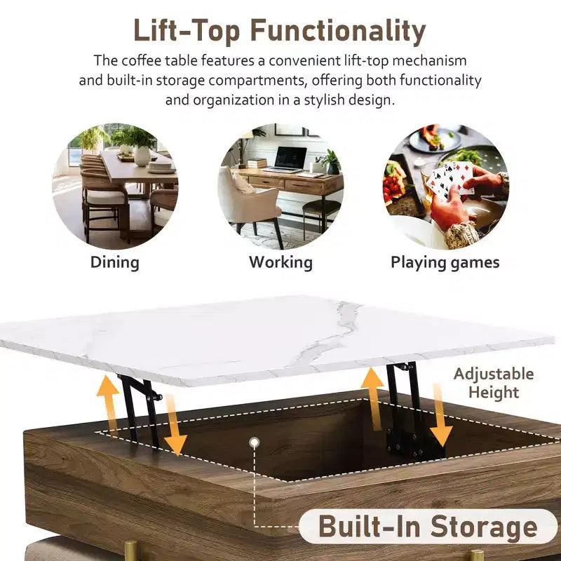Round 2-Tier Lift-Top CoffeeTable with Storage & 3 Ottoman, Mid Century Center Tables for Living Room Small Space