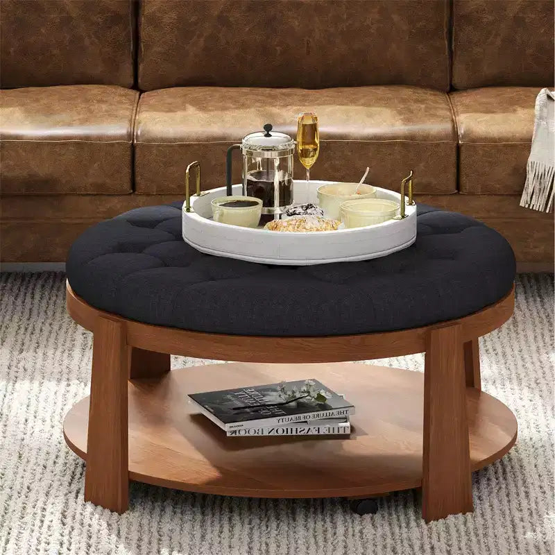 Round 2-Tier Lift-Top CoffeeTable with Storage & 3 Ottoman, Mid Century Center Tables for Living Room Small Space