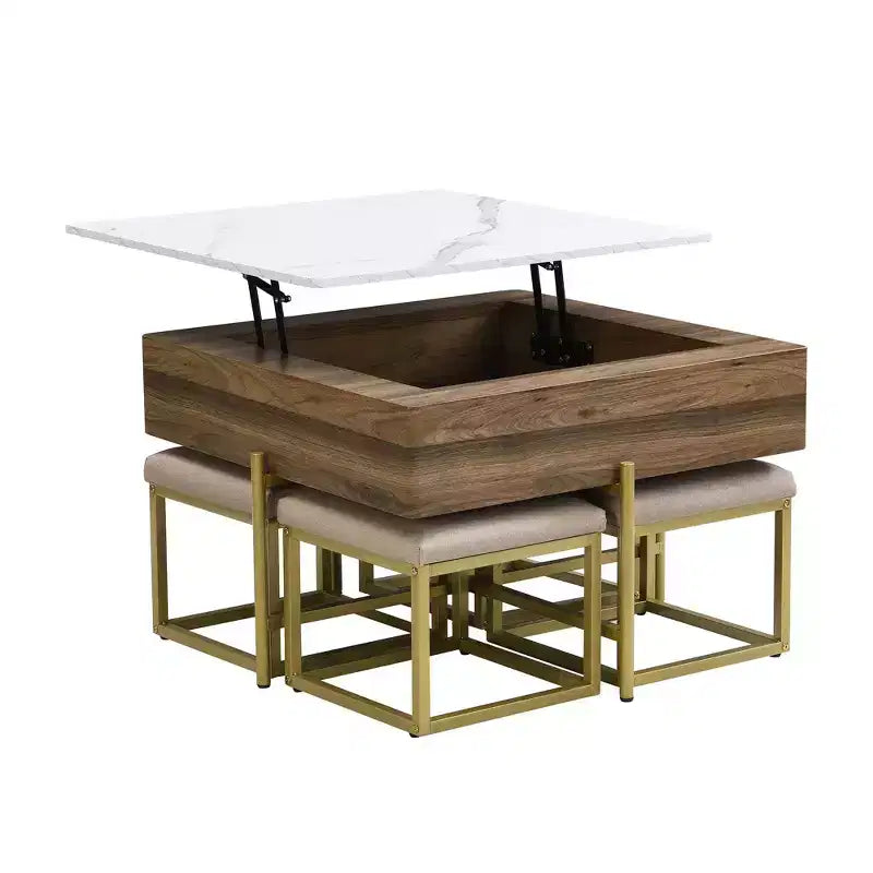 Round 2-Tier Lift-Top CoffeeTable with Storage & 3 Ottoman, Mid Century Center Tables for Living Room Small Space