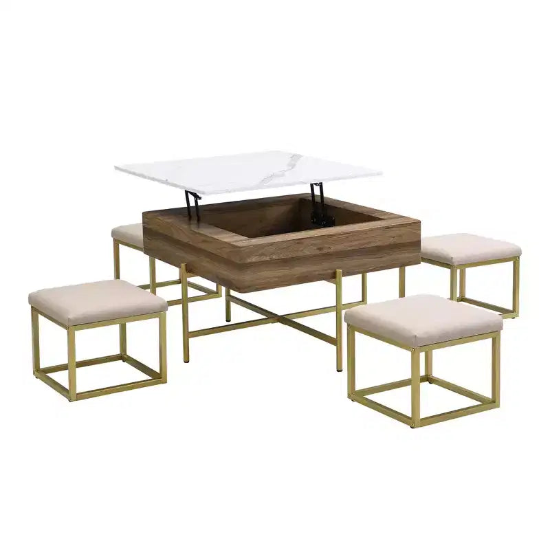 Round 2-Tier Lift-Top CoffeeTable with Storage & 3 Ottoman, Mid Century Center Tables for Living Room Small Space