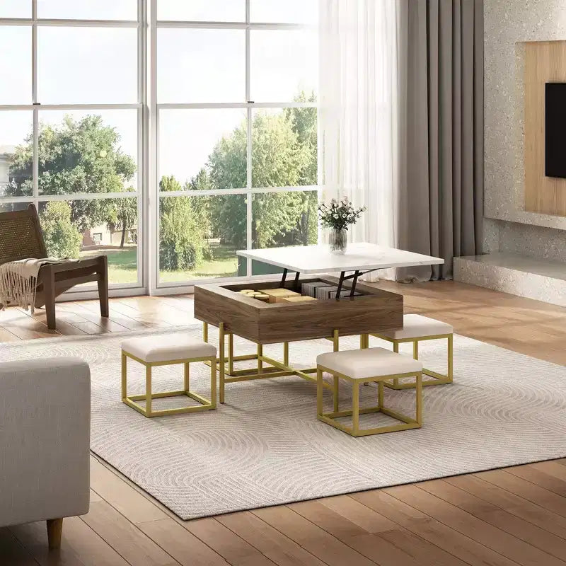 Round 2-Tier Lift-Top CoffeeTable with Storage & 3 Ottoman, Mid Century Center Tables for Living Room Small Space