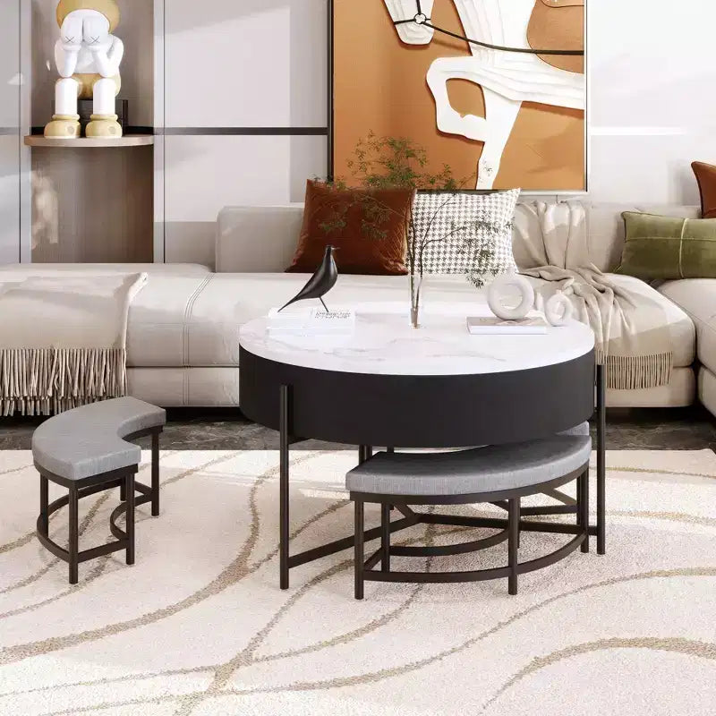 Round 2-Tier Lift-Top CoffeeTable with Storage & 3 Ottoman, Mid Century Center Tables for Living Room Small Space