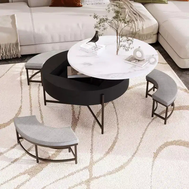 Round 2-Tier Lift-Top CoffeeTable with Storage & 3 Ottoman, Mid Century Center Tables for Living Room Small Space