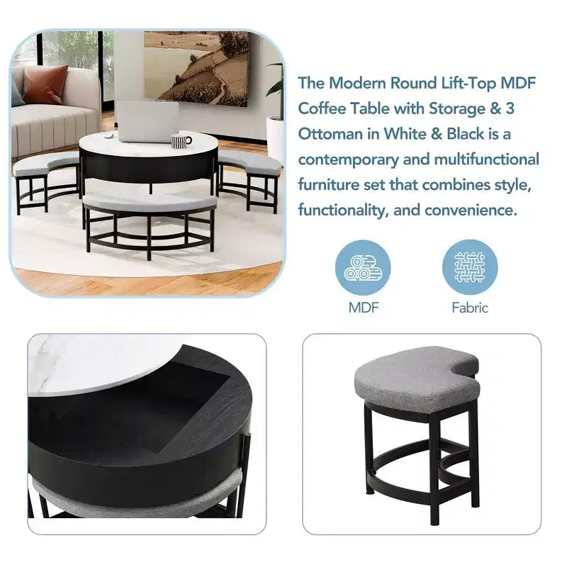 Round 2-Tier Lift-Top CoffeeTable with Storage & 3 Ottoman, Mid Century Center Tables for Living Room Small Space