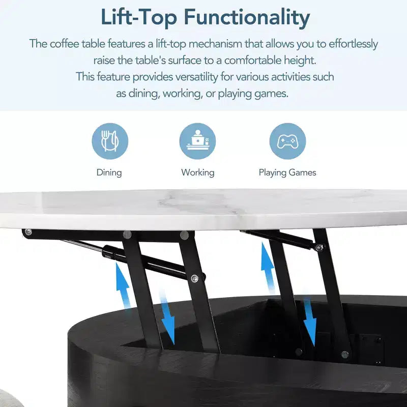 Round 2-Tier Lift-Top CoffeeTable with Storage & 3 Ottoman, Mid Century Center Tables for Living Room Small Space