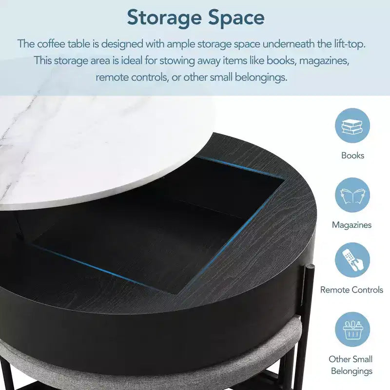Round 2-Tier Lift-Top CoffeeTable with Storage & 3 Ottoman, Mid Century Center Tables for Living Room Small Space