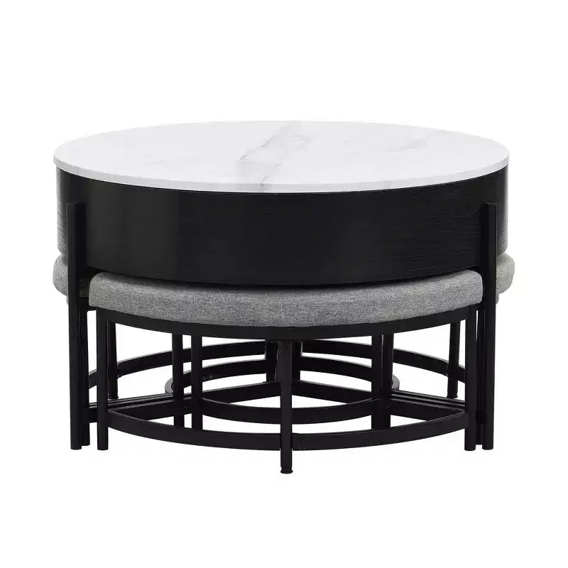 Round 2-Tier Lift-Top CoffeeTable with Storage & 3 Ottoman, Mid Century Center Tables for Living Room Small Space