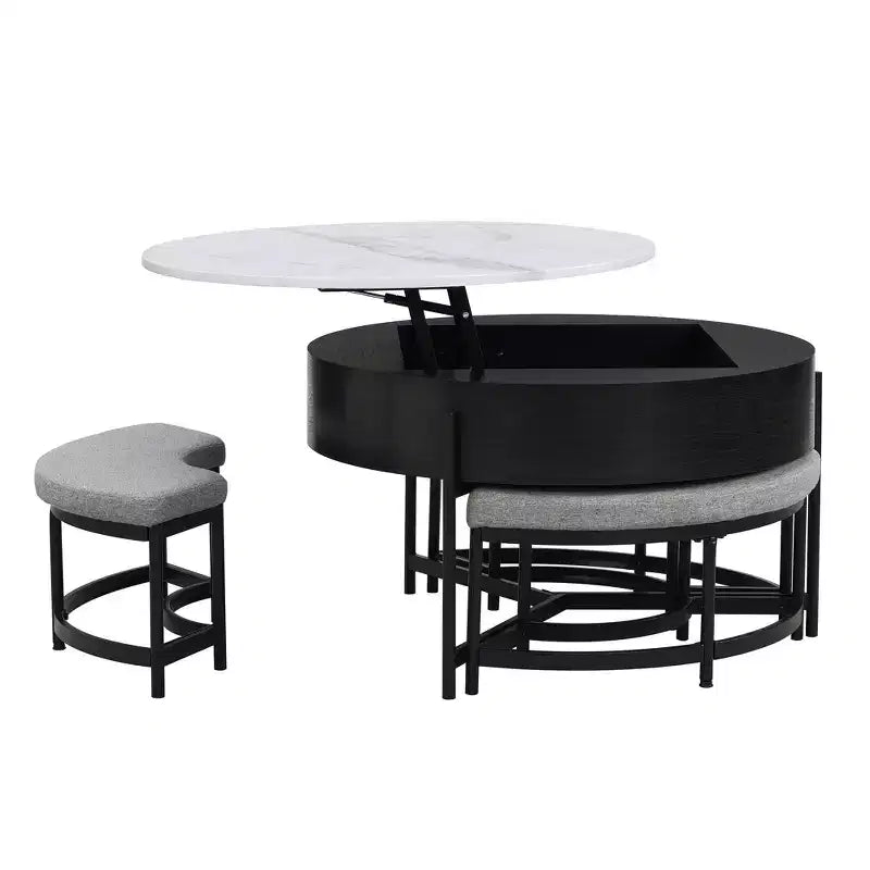Round 2-Tier Lift-Top CoffeeTable with Storage & 3 Ottoman, Mid Century Center Tables for Living Room Small Space