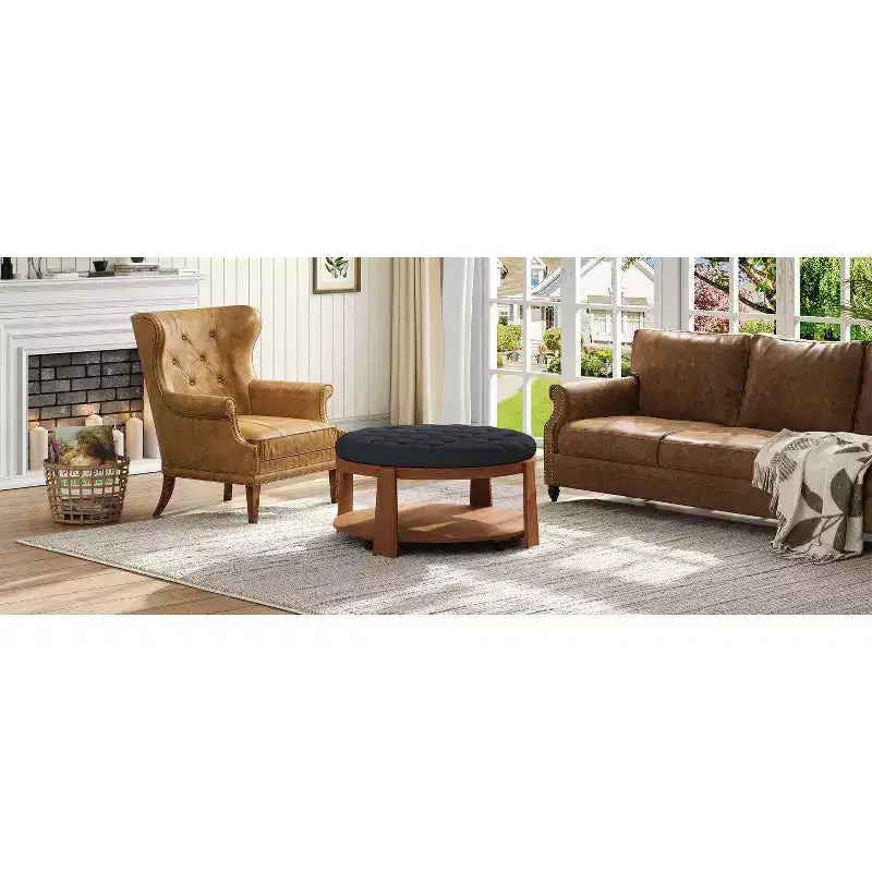 Round 2-Tier Lift-Top CoffeeTable with Storage & 3 Ottoman, Mid Century Center Tables for Living Room Small Space