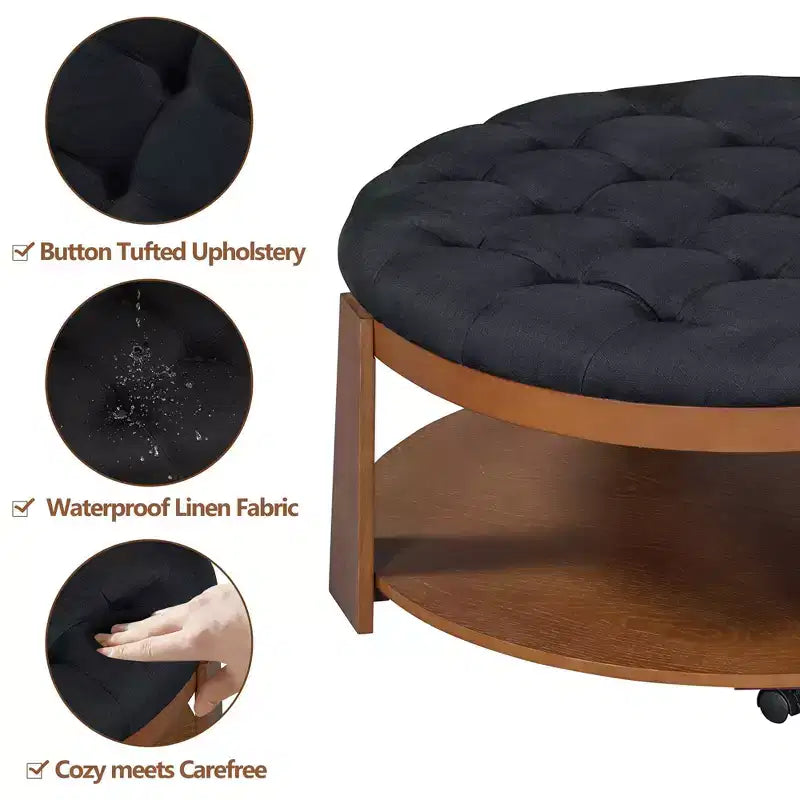 Round 2-Tier Lift-Top CoffeeTable with Storage & 3 Ottoman, Mid Century Center Tables for Living Room Small Space