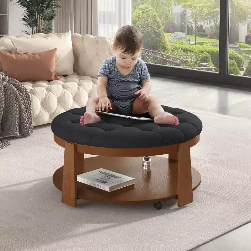 Round 2-Tier Lift-Top CoffeeTable with Storage & 3 Ottoman, Mid Century Center Tables for Living Room Small Space