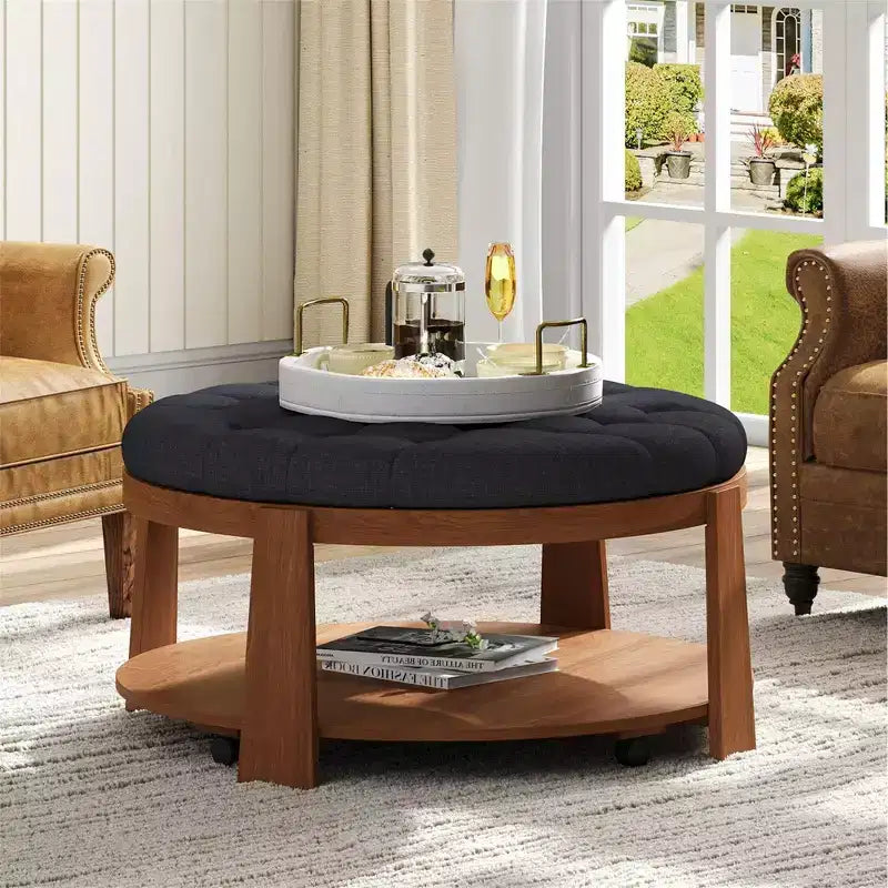 Round 2-Tier Lift-Top CoffeeTable with Storage & 3 Ottoman, Mid Century Center Tables for Living Room Small Space