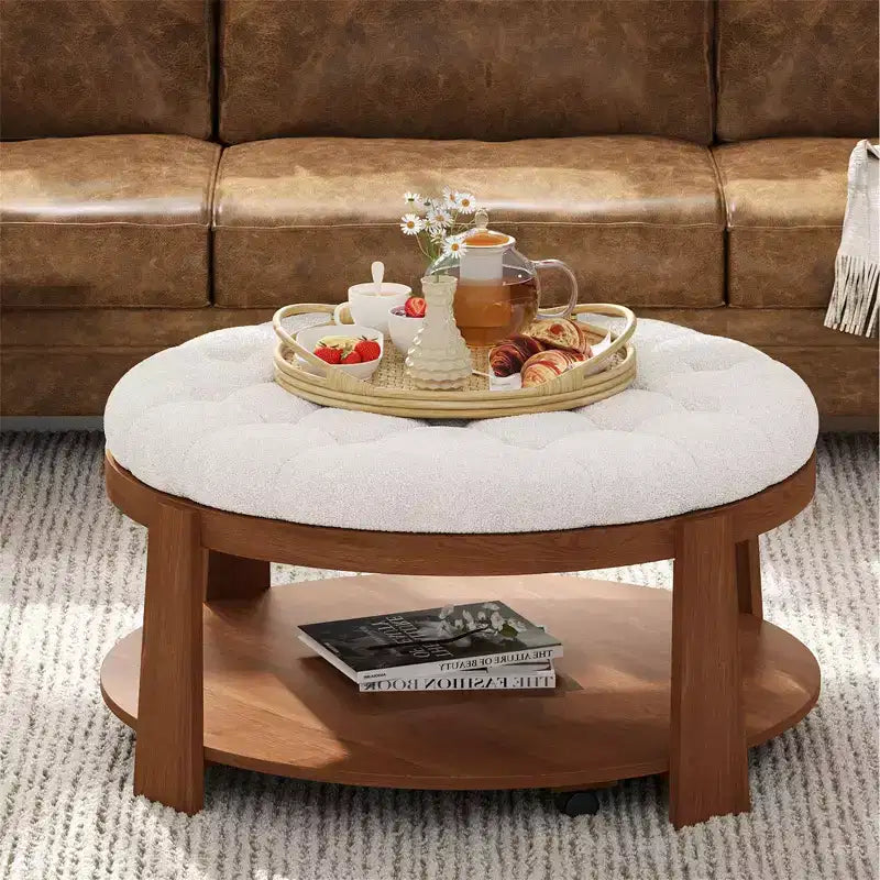 Table basse ronde relevable à 2 niveaux avec rangement et 3 poufs, tables centrales de style milieu de siècle pour petit salon