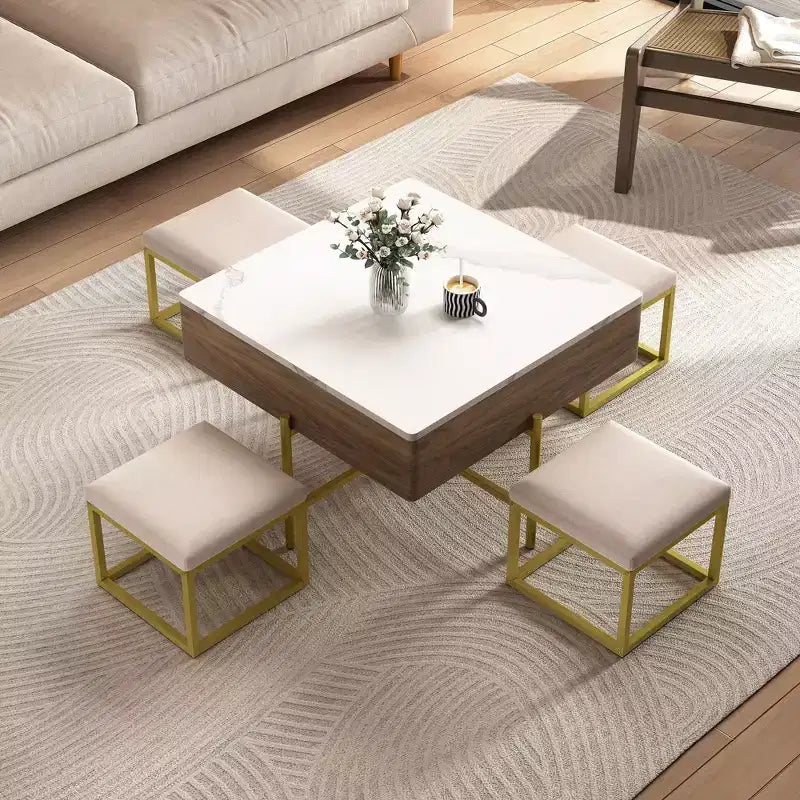 Table basse ronde relevable à 2 niveaux avec rangement et 3 poufs, tables centrales de style milieu de siècle pour petit salon