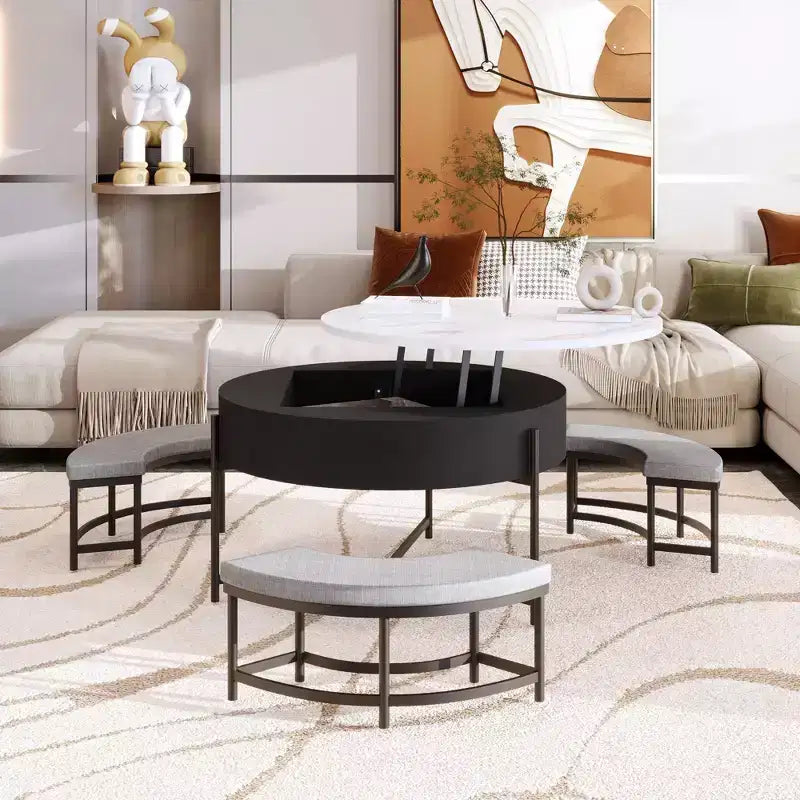 Table basse ronde relevable à 2 niveaux avec rangement et 3 poufs, tables centrales de style milieu de siècle pour petit salon