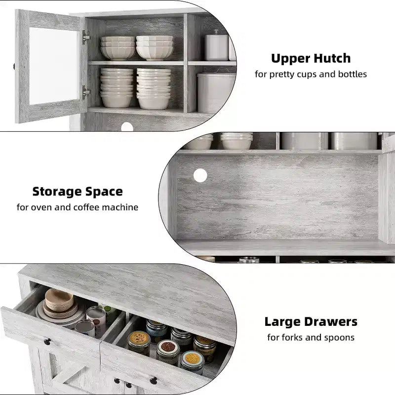 Kitchen Pantry Cabinet with Microwave Stand - Freestanding Hutch with Adjustable Shelves, Buffet Cupboard for Dining Room