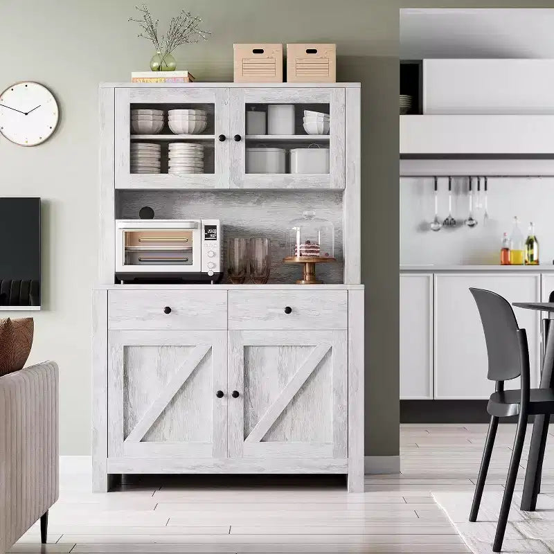 Kitchen Pantry Cabinet with Microwave Stand - Freestanding Hutch with Adjustable Shelves, Buffet Cupboard for Dining Room
