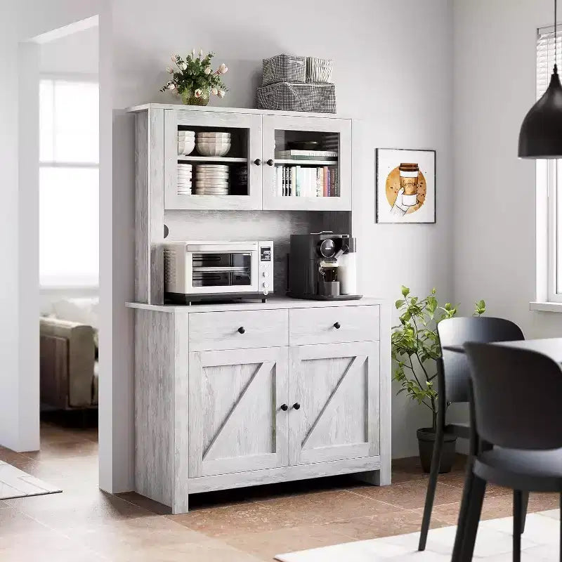 Kitchen Pantry Cabinet with Microwave Stand - Freestanding Hutch with Adjustable Shelves, Buffet Cupboard for Dining Room