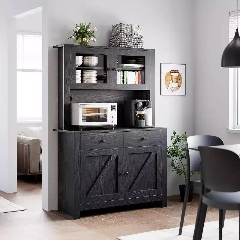 Kitchen Pantry Cabinet with Microwave Stand - Freestanding Hutch with Adjustable Shelves, Buffet Cupboard for Dining Room