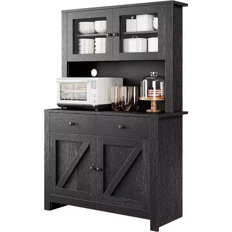 Kitchen Pantry Cabinet with Microwave Stand - Freestanding Hutch with Adjustable Shelves, Buffet Cupboard for Dining Room