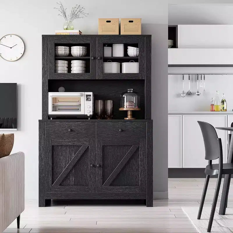 Kitchen Pantry Cabinet with Microwave Stand - Freestanding Hutch with Adjustable Shelves, Buffet Cupboard for Dining Room