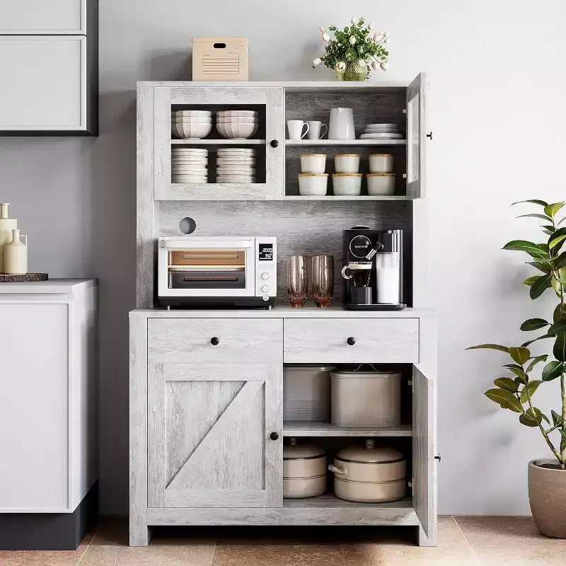 Kitchen Pantry Cabinet with Microwave Stand - Freestanding Hutch with Adjustable Shelves, Buffet Cupboard for Dining Room