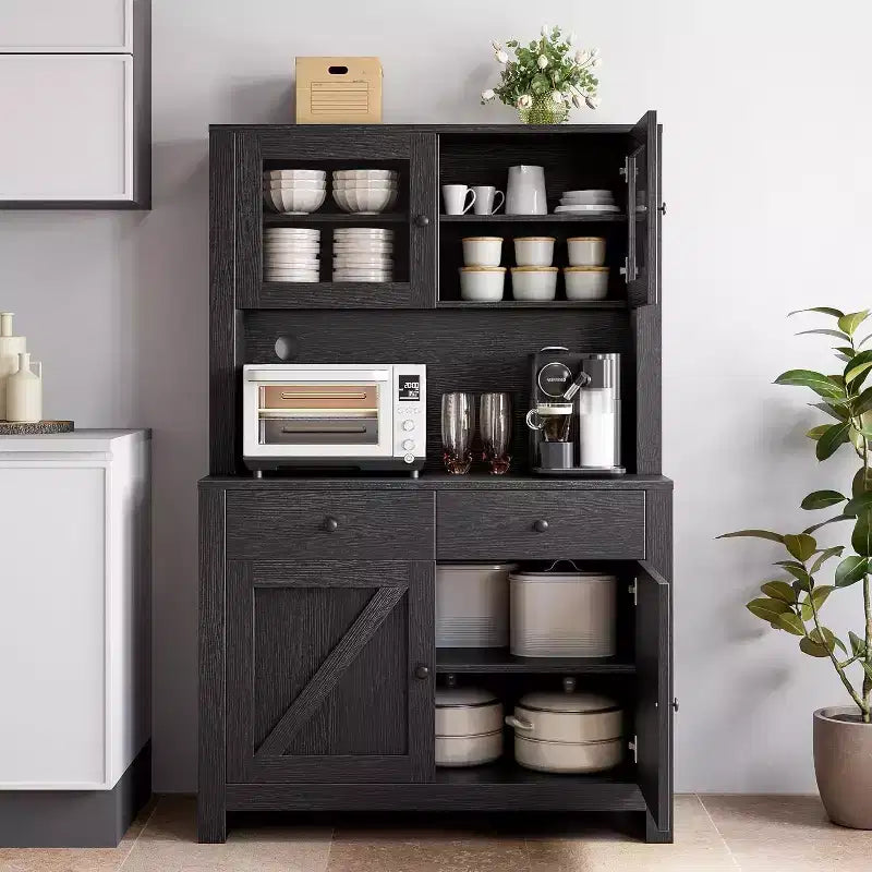 Kitchen Pantry Cabinet with Microwave Stand - Freestanding Hutch with Adjustable Shelves, Buffet Cupboard for Dining Room