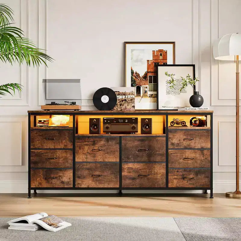 63.3 Inch Dresser for Bedroom, 10 Drawer Dresser TV Fabric Chest of Drawers with LED Lights & Power Outlets, Long Entertainment Center for Closet