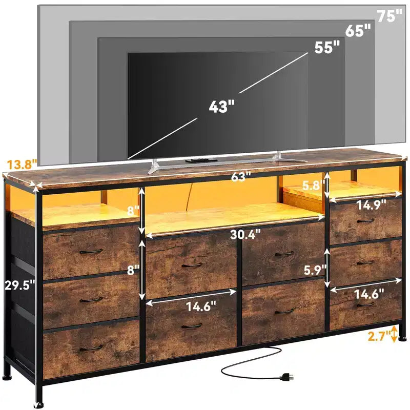 63.3 Inch Dresser for Bedroom, 10 Drawer Dresser TV Fabric Chest of Drawers with LED Lights & Power Outlets, Long Entertainment Center for Closet