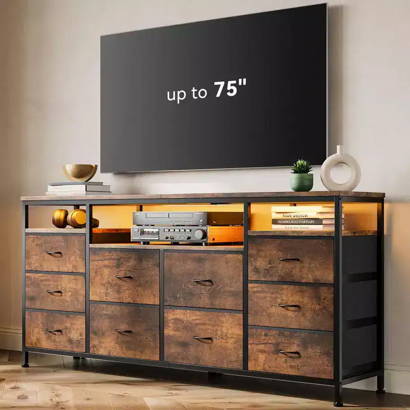 63.3 Inch Dresser for Bedroom, 10 Drawer Dresser TV Fabric Chest of Drawers with LED Lights & Power Outlets, Long Entertainment Center for Closet